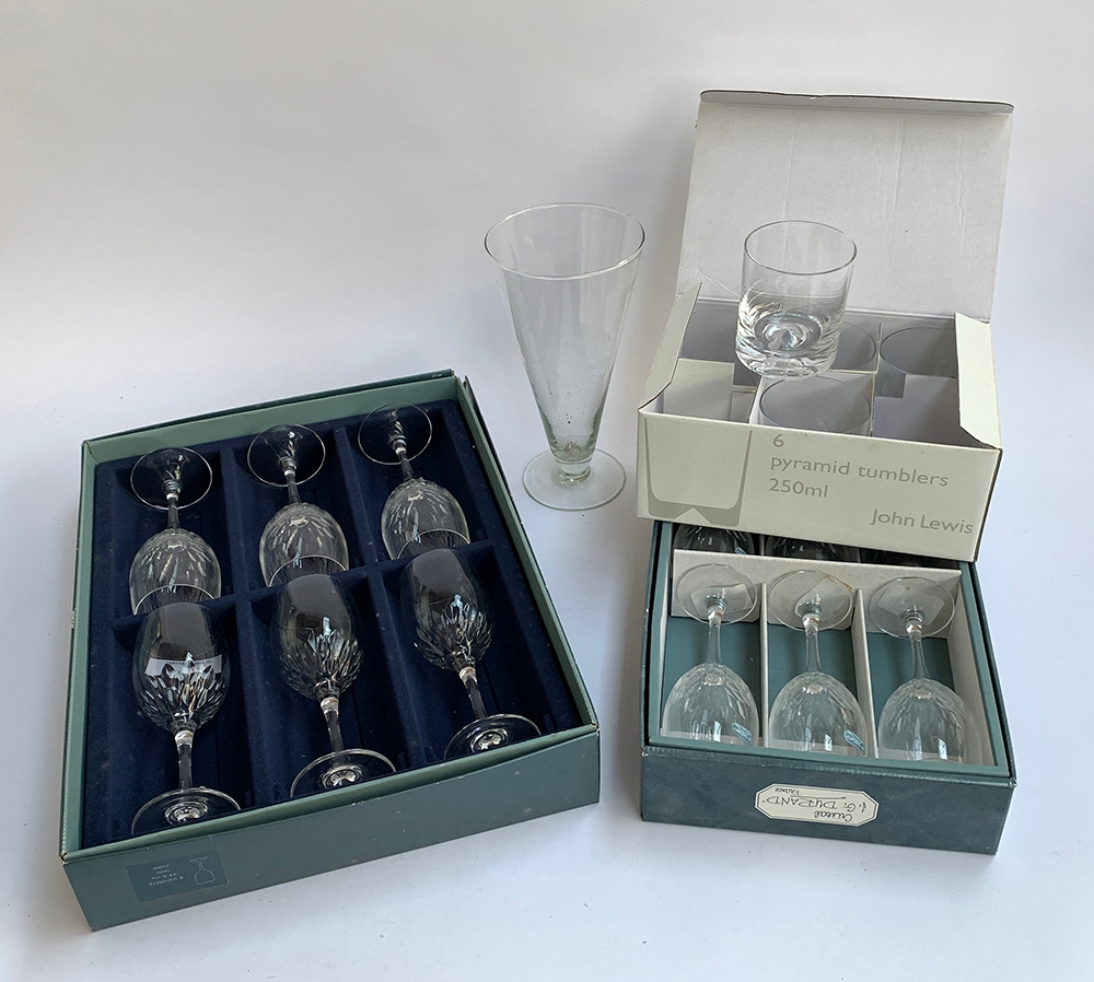 Two boxed sets each of six cut glass wine glasses by JG Durand; together with a boxed set of five