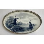 A blue and white ceramic Delft tray with pierced plated gallery, 45.5x35cm