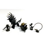 A collection of five Walter Bosse style blackened brass animal figures, to include cat, duck, mouse,