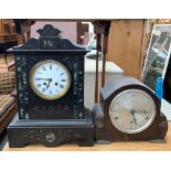 A slate mantel clock, with marble inlay, 40.5cmH, with key; together with a Bentima oak cased mantel