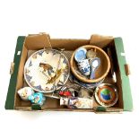 A box of ceramics and metalwork to include Art Deco tea-strainer; Chinese tea bowls and spoons;
