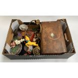 A mixed lot to include writing box; brass candle holders, lacquered box, various figurines,