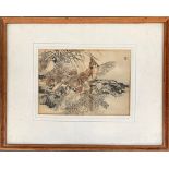 Japanese woodblock print of sparrows within foliage, 20x28cm