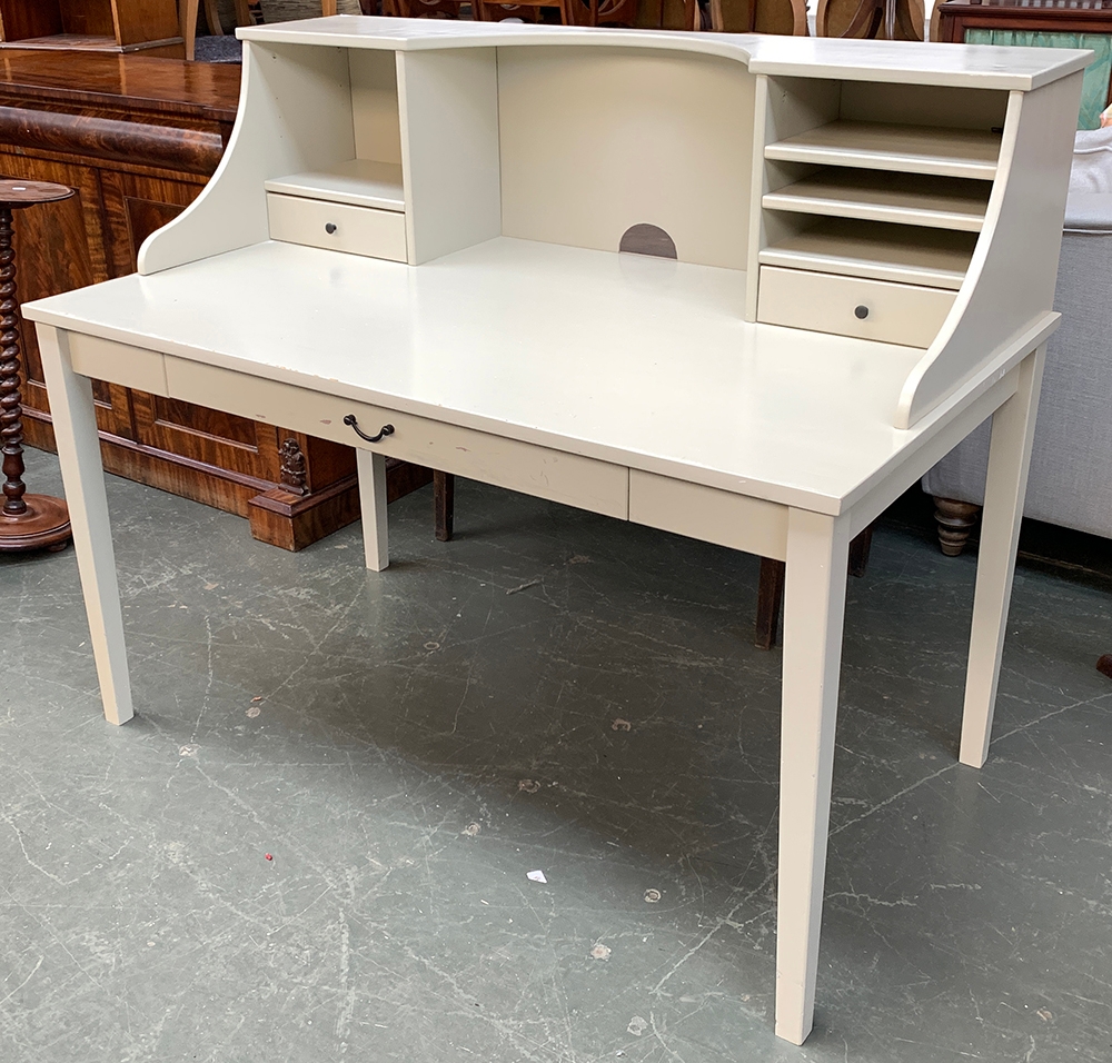 A contemporary grey painted desk, having a superstructure of drawers and shelves, over a single