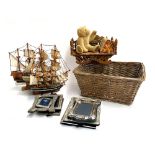 Three model tall ships, together with various plated picture frames, a wicker basket and bear