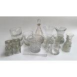 A mixed lot of glass to include decanter, Dartington tankard, cube form candle holders, oil and