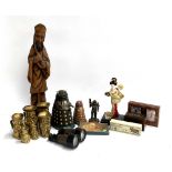 A mixed lot to include graduating set of brass toby jugs, various dominoes, dalek figures,