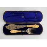 A cased pair of Mappin & Webb plated fish servers with ropetwist ivory handles