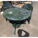 A painted aluminium garden table; together with two matching chairs, the table 101cmD