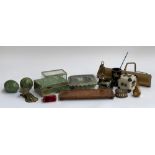 A mixed include desk objects, mineral items, onyx pear; cribbage board; glass trinket box etc