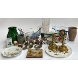 A mixed lot to include brass candlesticks, vase, Royal Worcester Nuthatch figurine and others;