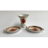A pair of Herend pin dishes, marked to base; together with a small matching Herend spill vase, 6.5cm