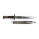 A Belgian SA30 bayonet with 9inch double edge blade and two piece wooden grip complete with steel