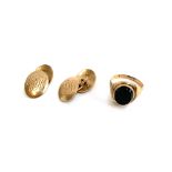 Pair of 15ct gold cufflinks inscribed with initials 8.3g together with a gold and onyx signet