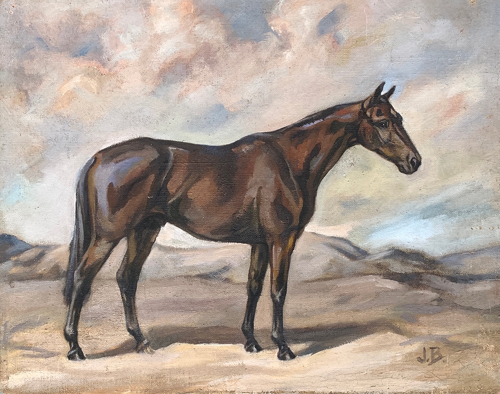 Joan Barrington (20th century British), 'Pauper', Quetta 1938, study of a racehorse, oil on