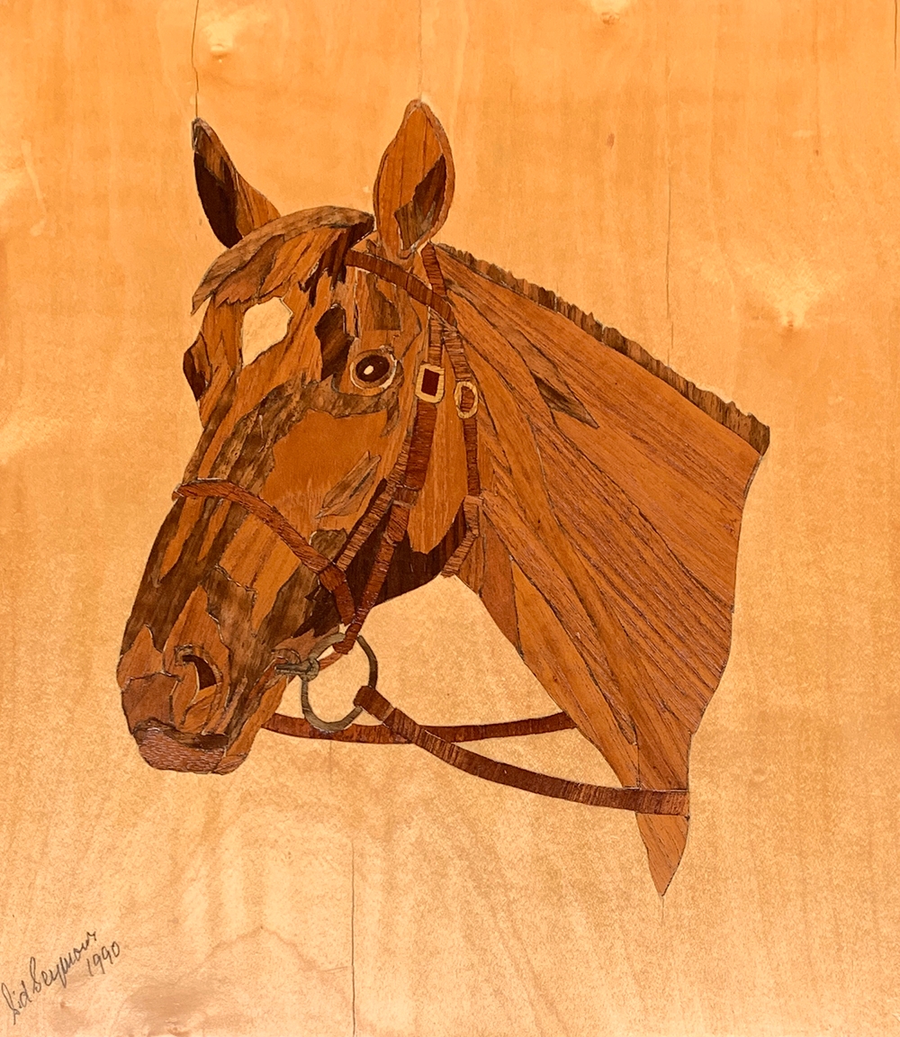 Sid Seymour 1990, a marquetry study of a chestnut hunter's head, 38x33cm