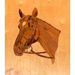 Sid Seymour 1990, a marquetry study of a chestnut hunter's head, 38x33cm