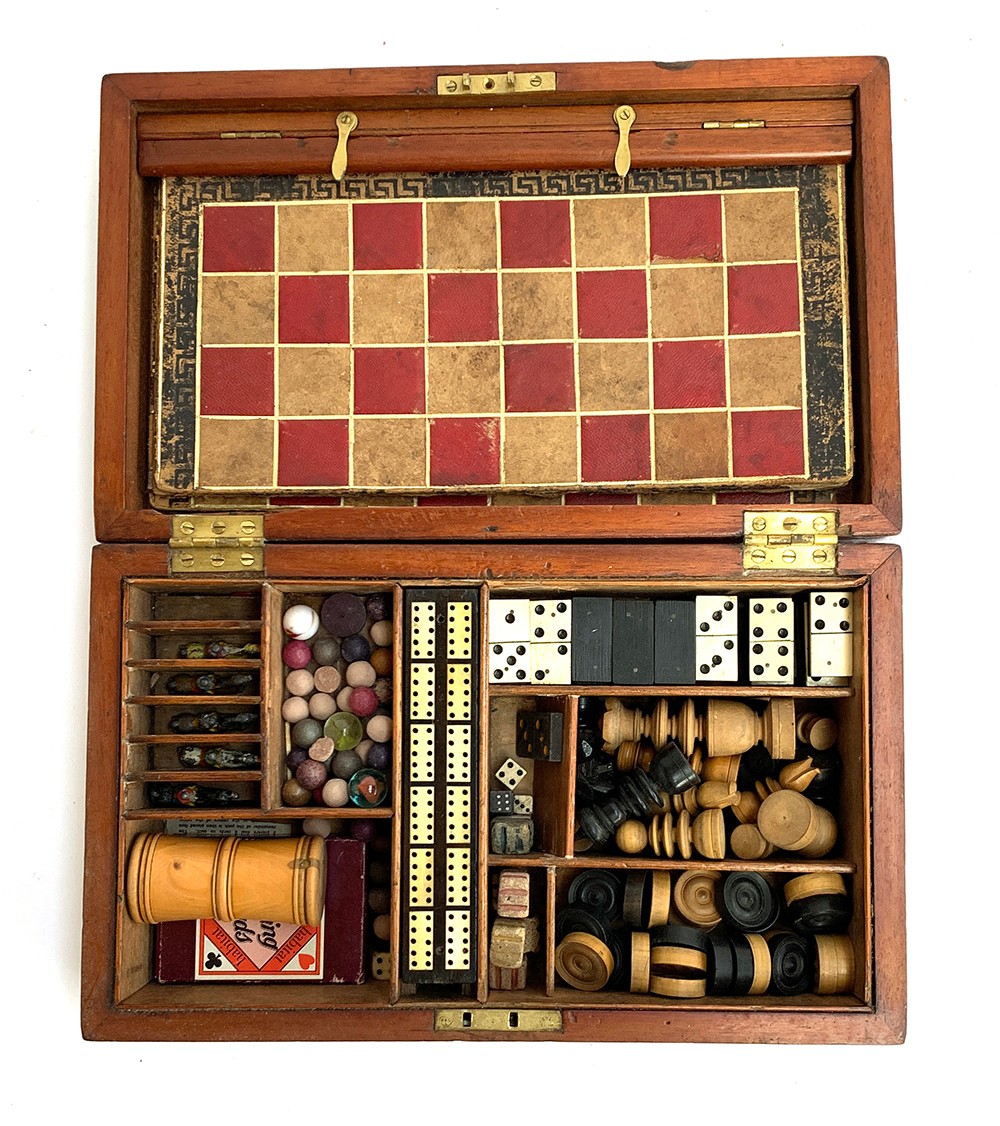 A 19th century mahogany cased compendium of games to include chess and backgammon boards and pieces; - Image 2 of 5