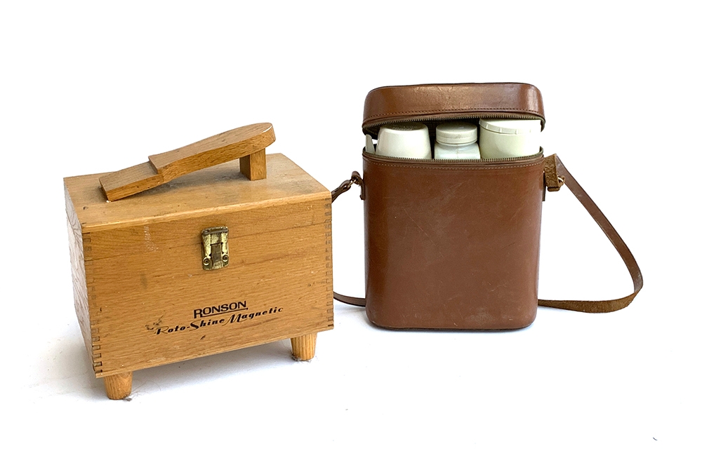 A Ronson Roto-Shine electric shoe polisher, with brushes; together with two pairs of gents wooden