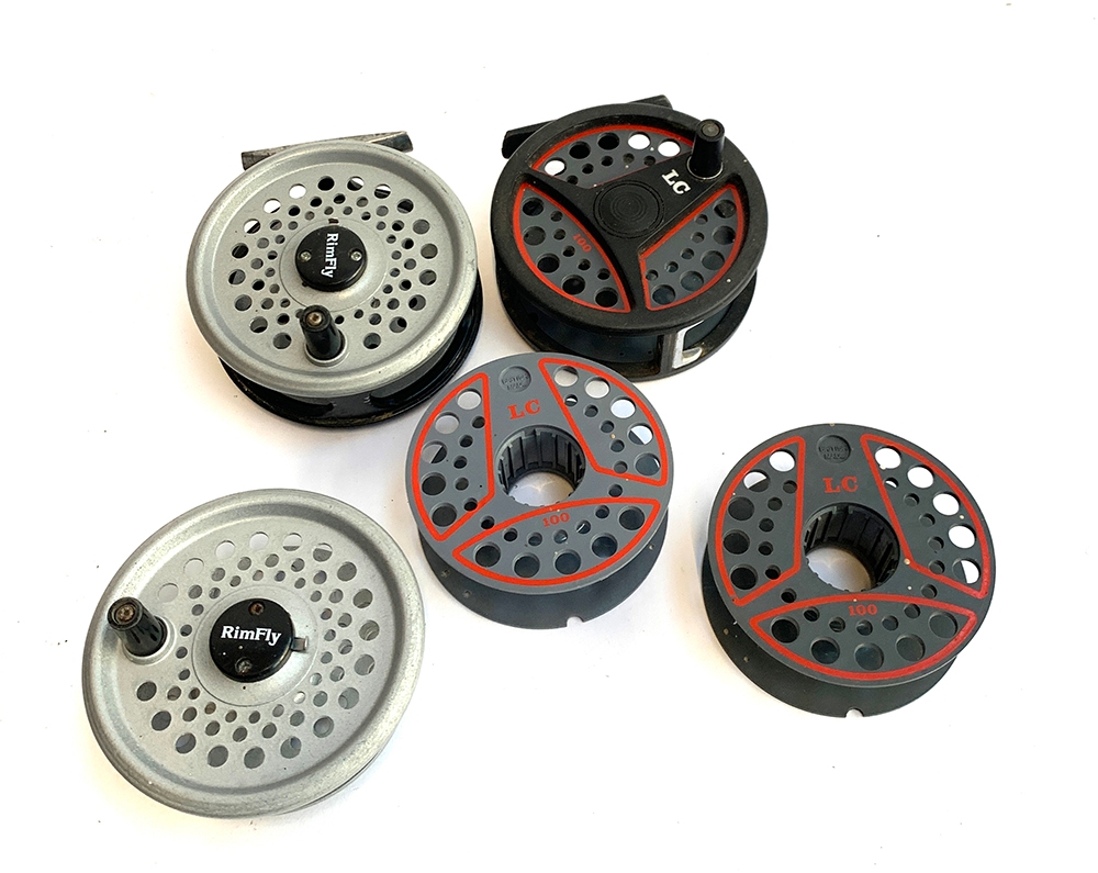 Leeda 3.5" trout reel, 2 spare spools; RimFly 3.5" trout reel with spare spool