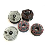 Leeda 3.5" trout reel, 2 spare spools; RimFly 3.5" trout reel with spare spool