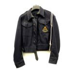 An ARP warden's jacket, with ARP whistle attached on rope, size 17, embroidered warden badges and
