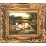 A textured print of spaniels at rest, in gilt frame, 19x24cm