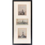 A set of three pen and wash studies of naval ships in dock, 'Refitting', 'The Floating Dock', and '