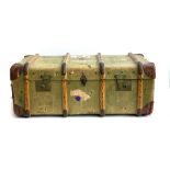 A canvas wood banded travel trunk with leather corners, 87x52x32cm