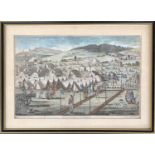A late 18th century hand coloured print, 'A Perspective View of an Encampment', c.1777, 28x43cm
