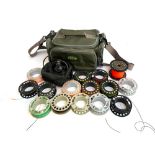 Orvis tackle bag, Greys GRXi #7/8 reel and case, 14 spare spools, various lines and a spool of