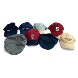 Six American baseball caps, together with a Harris tweed eight piece cap, and one other