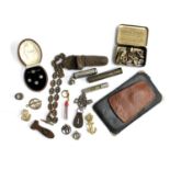 A mixed lot of interesting things to include trench art fob chain; a collection of buttons; brass