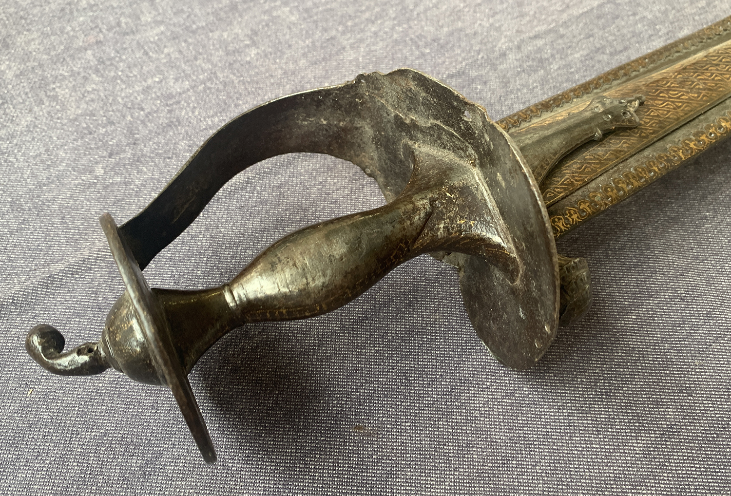 Indian Talwar Sword with straight blade, with applied worked gilt metal decoration, the blade 76cm - Image 3 of 6