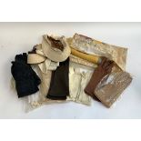A quantity of mostly ladies gloves, some kid leather, lace, several hairnet sun visors etc