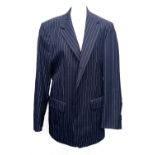 A gent's single breasted wool pinstripe suit, blue lining silk, size 38" chest, the trousers with