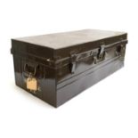 A brown painted metal travel trunk, each end marked W.H Earle, 91x45x34cm