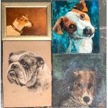 Three oil studies of dogs, including two of jack russells; together with a charcoal study of a