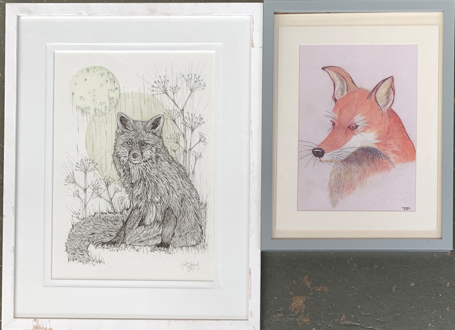 ? Andrews 2017, ink and wash study of a seated fox, 40x28cm; together with Annee Piper, colour print