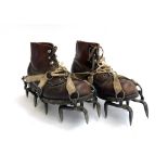 A pair of early 20th century Austrian brown leather hobnail boots with mountaineering/climbing