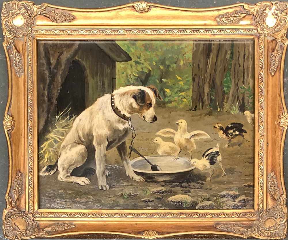 S. P. Bennet (?), study of a terrier and chicks, oil on board, signed lower left, 27x35cm