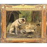 S. P. Bennet (?), study of a terrier and chicks, oil on board, signed lower left, 27x35cm