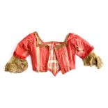 A 19th century pink silk jacket with whalebone, and lace trim