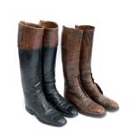 A pair of gents mahogany top black hunting boots; together with a brown pair of field boots