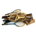 A quantity of vintage tennis and squash rackets, including Dunlop, together with some vintage