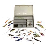 A mixed box of spoons, spinners, plugs and some vintage lures to include Mepps, Toby and Abu
