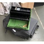 A black vinyl fishing box on aluminium legs, together with a D.A.M. tackle box to include salter