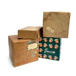 Four vintage clothing boxes, include Fenwick and Woollens Bros Knightsbridge