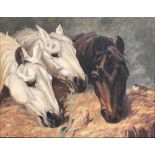 Joan Barrington (20th century British), horses at a manger, oil on canvas, monogrammed JB lower