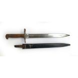 Swiss M1918 pattern double edged knife bayonet, maker 'Waffenfabrik Neuhausen' stamped to ricasso,